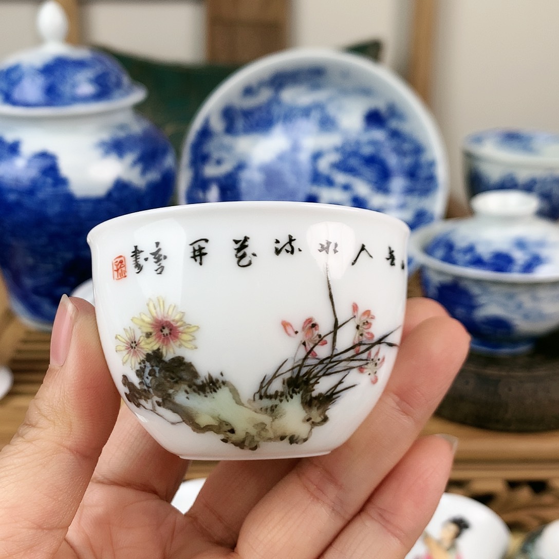 粉彩花鸟手工主人杯