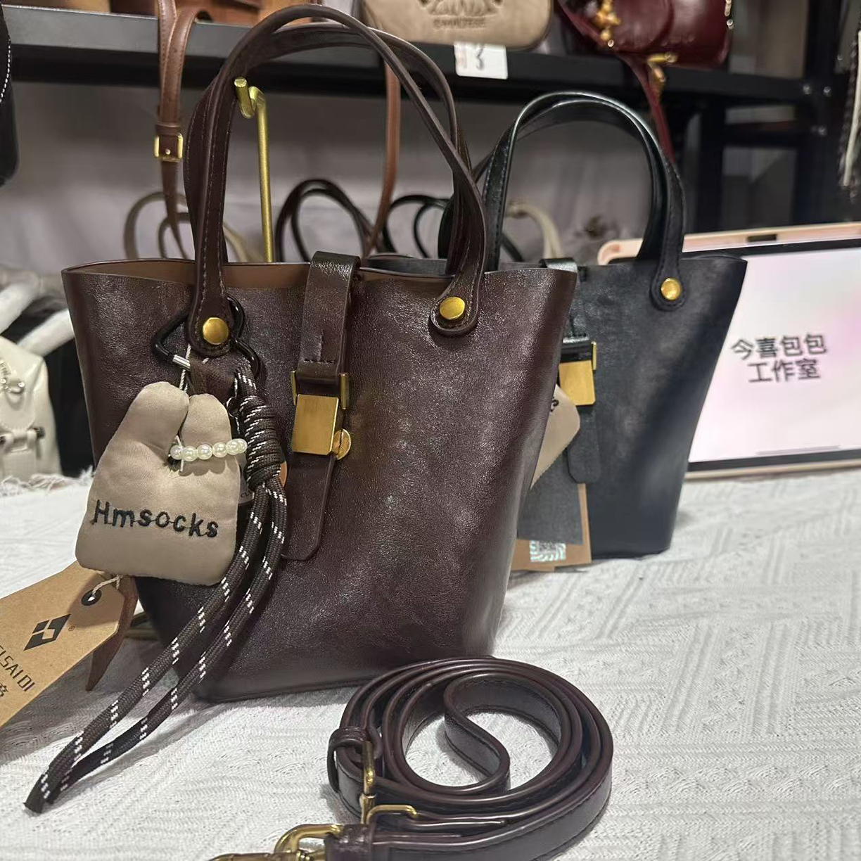 法式条纹托特包子母款双根单肩包肩包黑色中号百搭