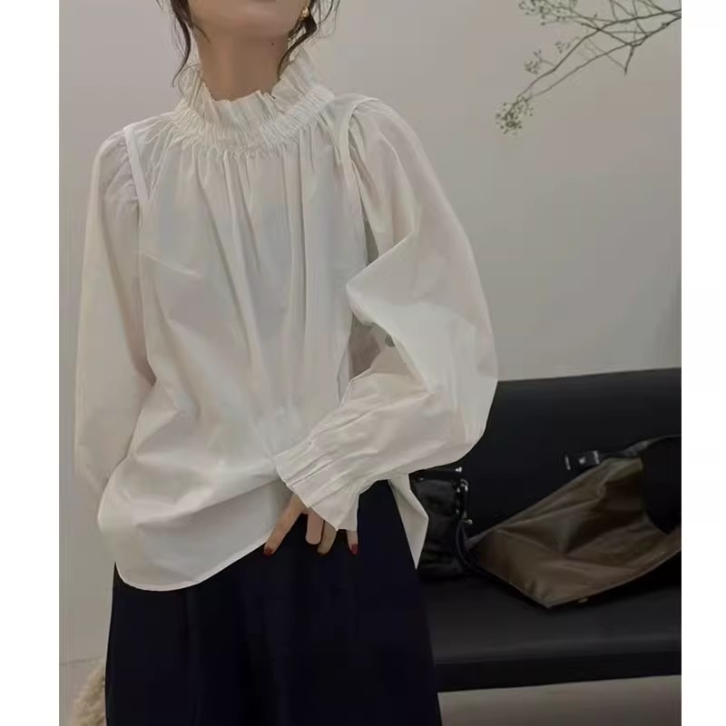 花边立领衬衣女2025早春新款韩版时尚净版泡泡袖气质百搭长袖上衣