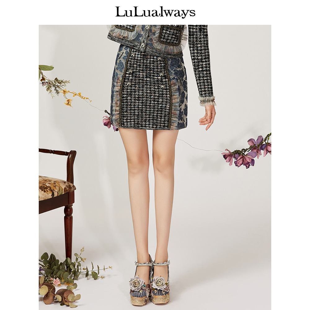 LULUALWAYS 春季 小香风包臀针织半身裙 LMA0073