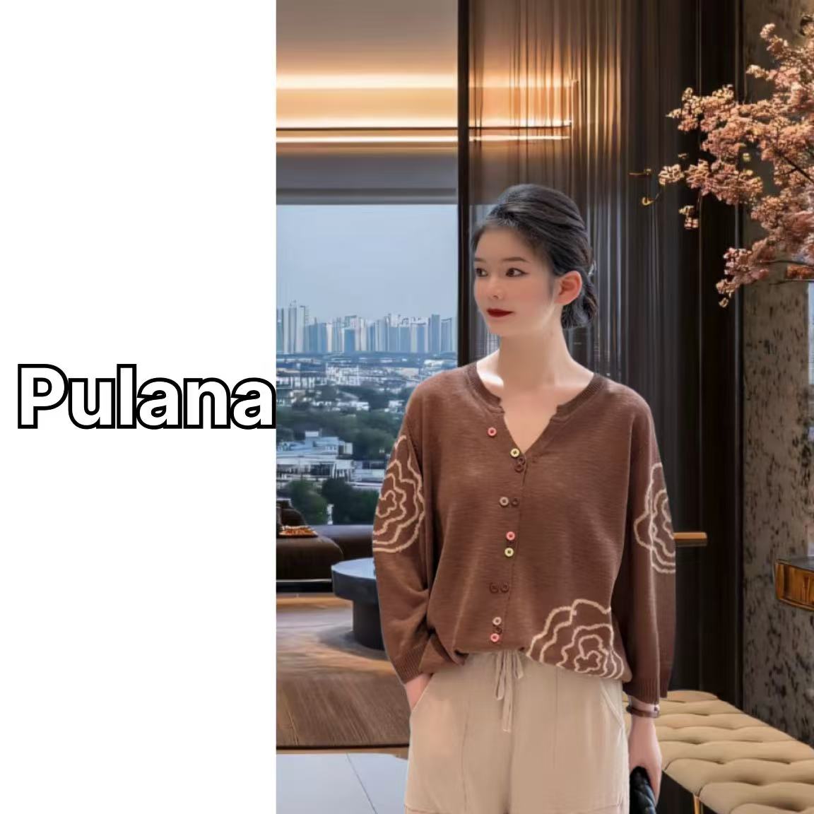 345 夏季新款减龄设计师纯色山茶花百搭休闲气质款针织衫