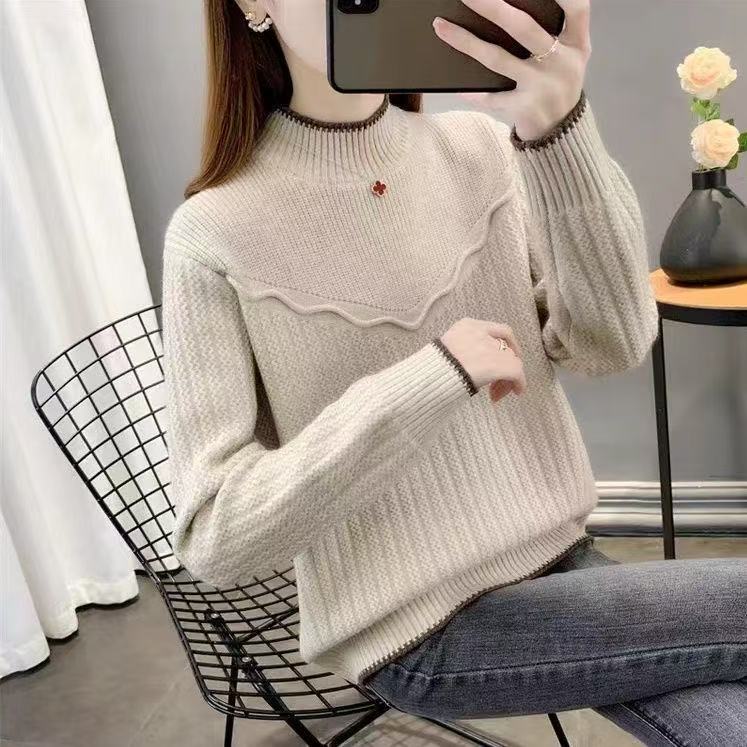 987-【秋冬加厚领口撞色】米秋冬2024新款外穿针织衫女韩版打底衫