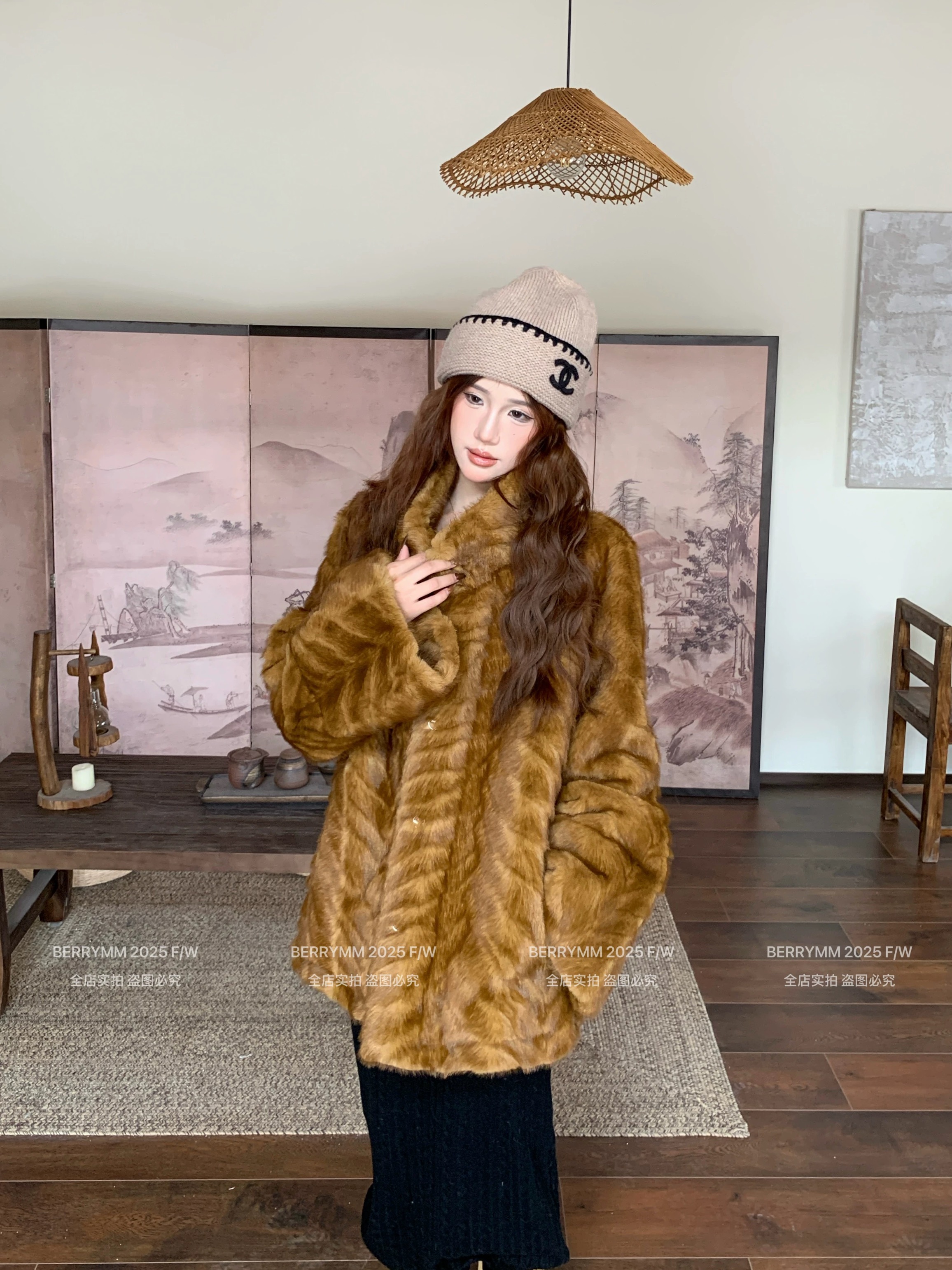 韩系立领环保金叶貂皮草外套女2025年冬季新款轻奢感斜纹毛毛上衣