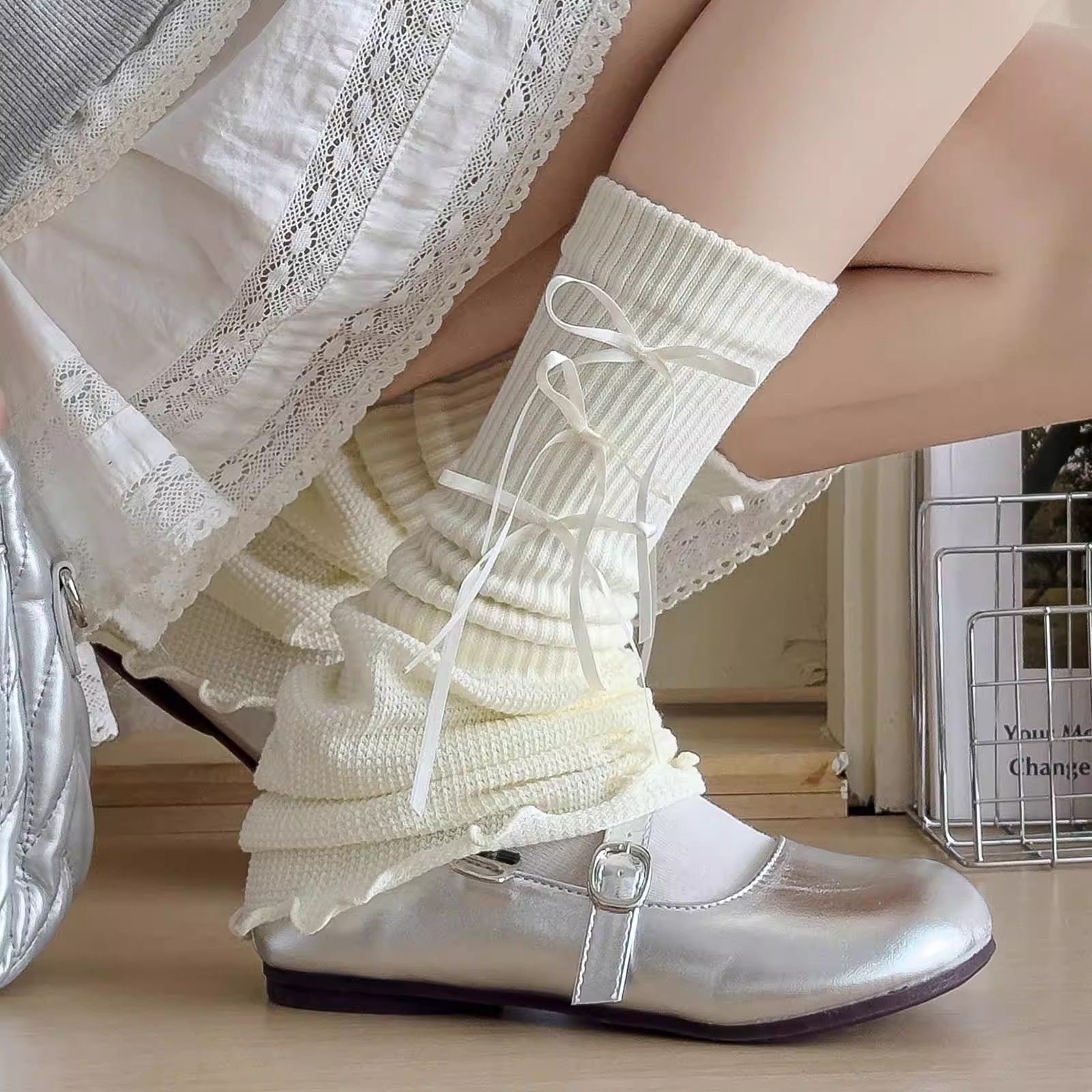 白色针织芭蕾风蝴蝶结袜套日系显瘦喇叭洛丽塔y2k堆堆腿套jk长袜