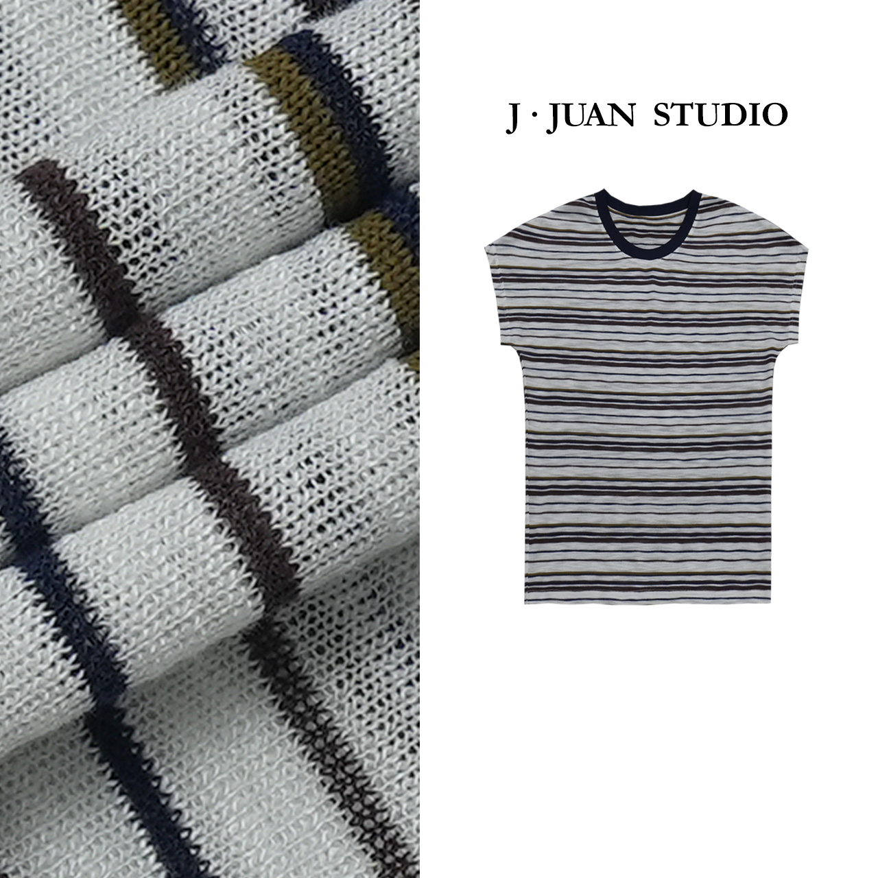 【J.Juan】撞色条纹-夏季圆领短袖条纹T恤高个子女装宽松慵懒上衣