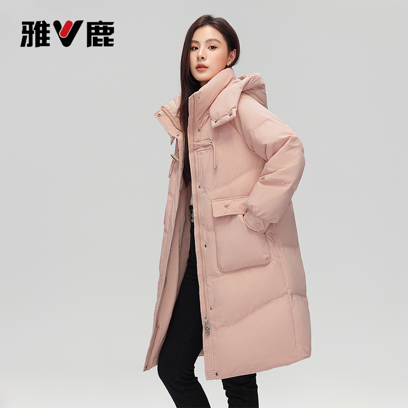 雅鹿时尚女士羽绒服户外休闲连帽宽松中长款加厚防风保暖冬季