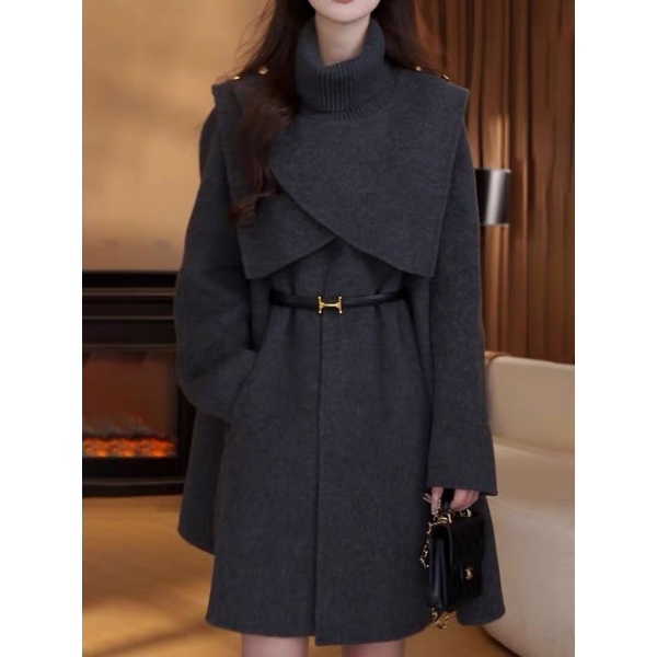 拉夏贝尔高级感风衣外套女2025年秋冬英伦风高领长袖收腰显瘦大衣