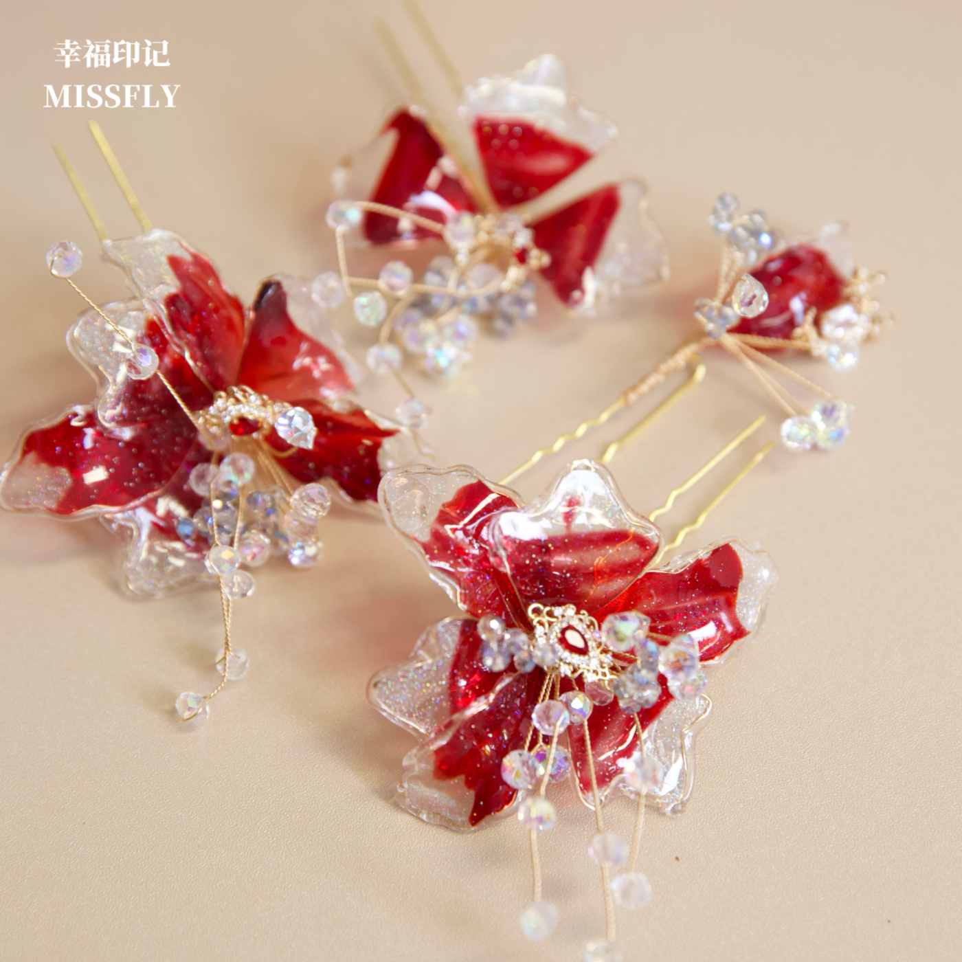 新娘新中式金红色水凝胶花朵头饰秀禾服旗袍晨发饰古风减龄发饰