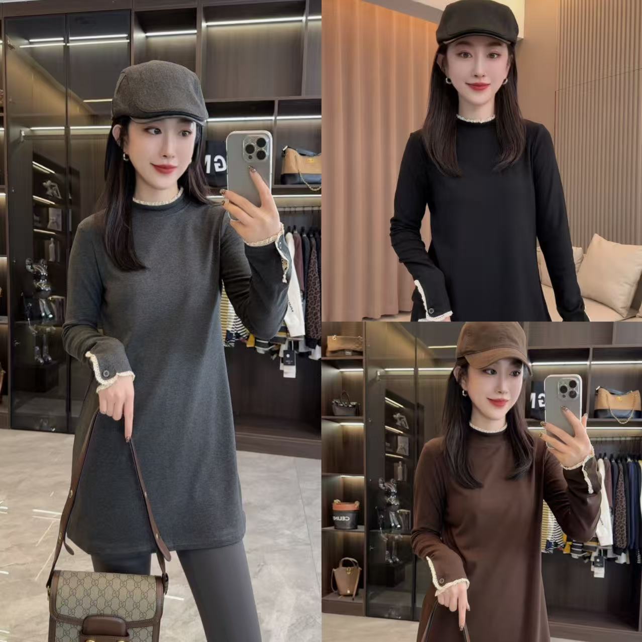 冬季温柔风蕾丝拼接半高领加绒修身打底大衫T恤（磨毛）洋气上衣