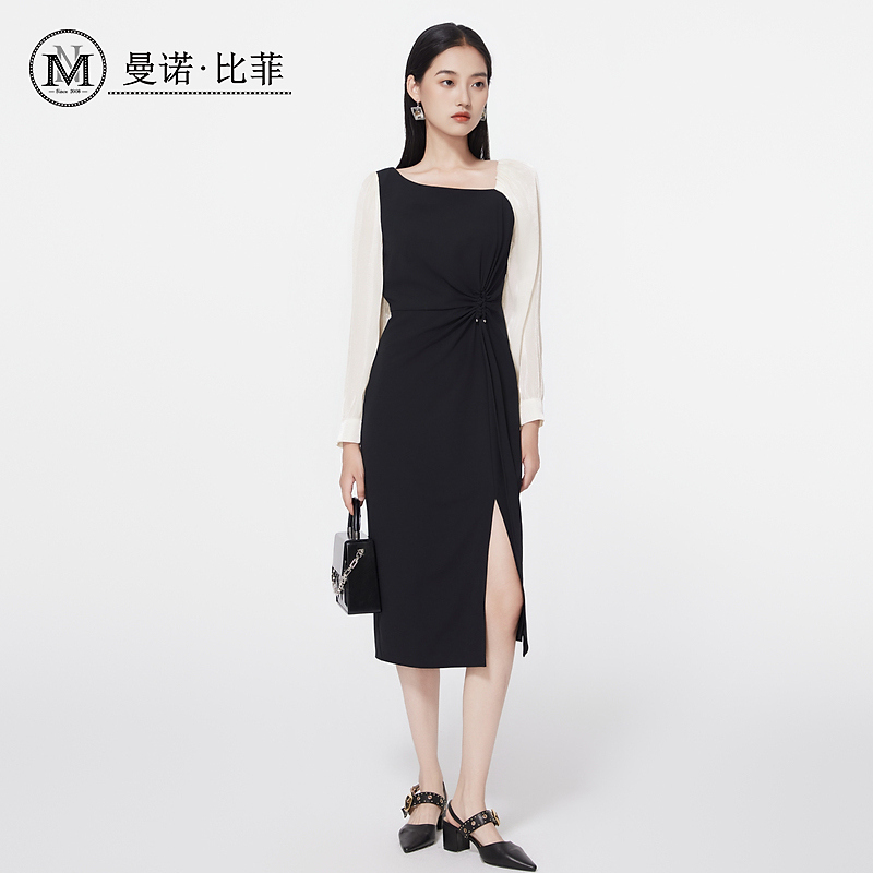 【艾美甄选】法式拼接撞色长袖连衣裙MFEL115307