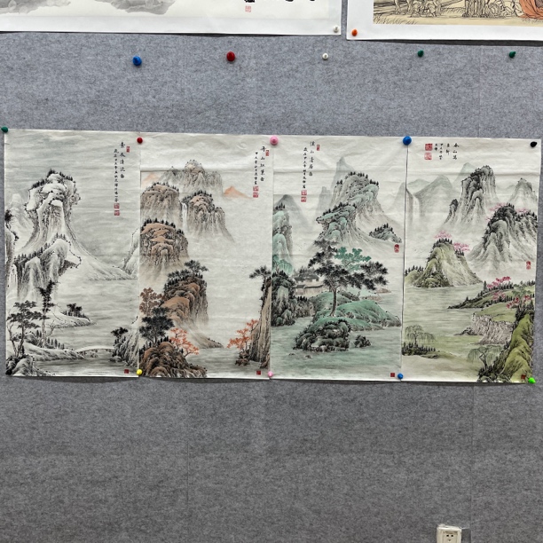 洗禅老师纯手绘工笔国画山水春夏秋冬四条屏90-48