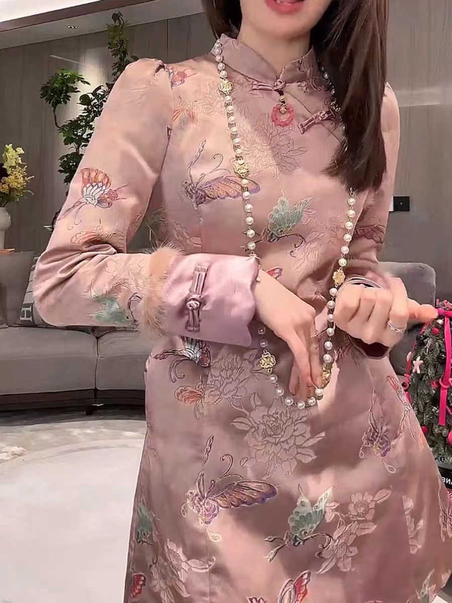 AB589（微瑕）国风复古禅意改良旗袍裙气质显瘦提花盘扣长袖连衣裙