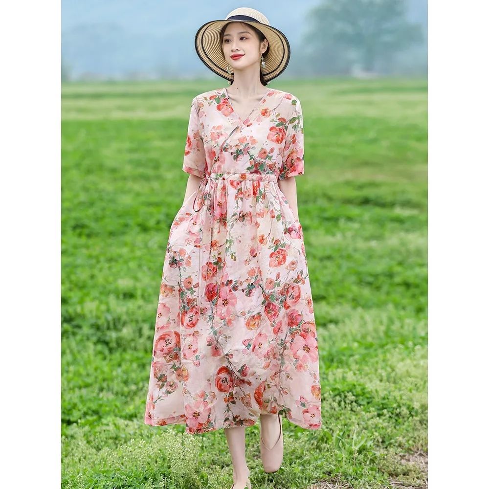 6713#棉麻连衣裙夏季新款碎花大码女装宽松显瘦大摆长裙子长款