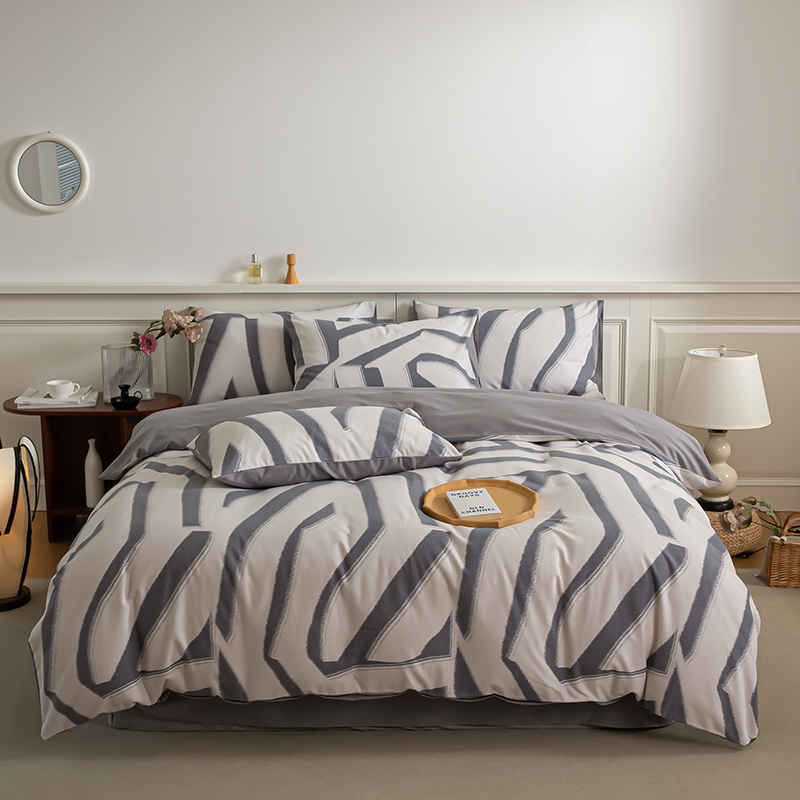 简约轻奢秋冬加厚纯棉磨毛四件套全棉抽象条纹北欧风1.8m保暖床品