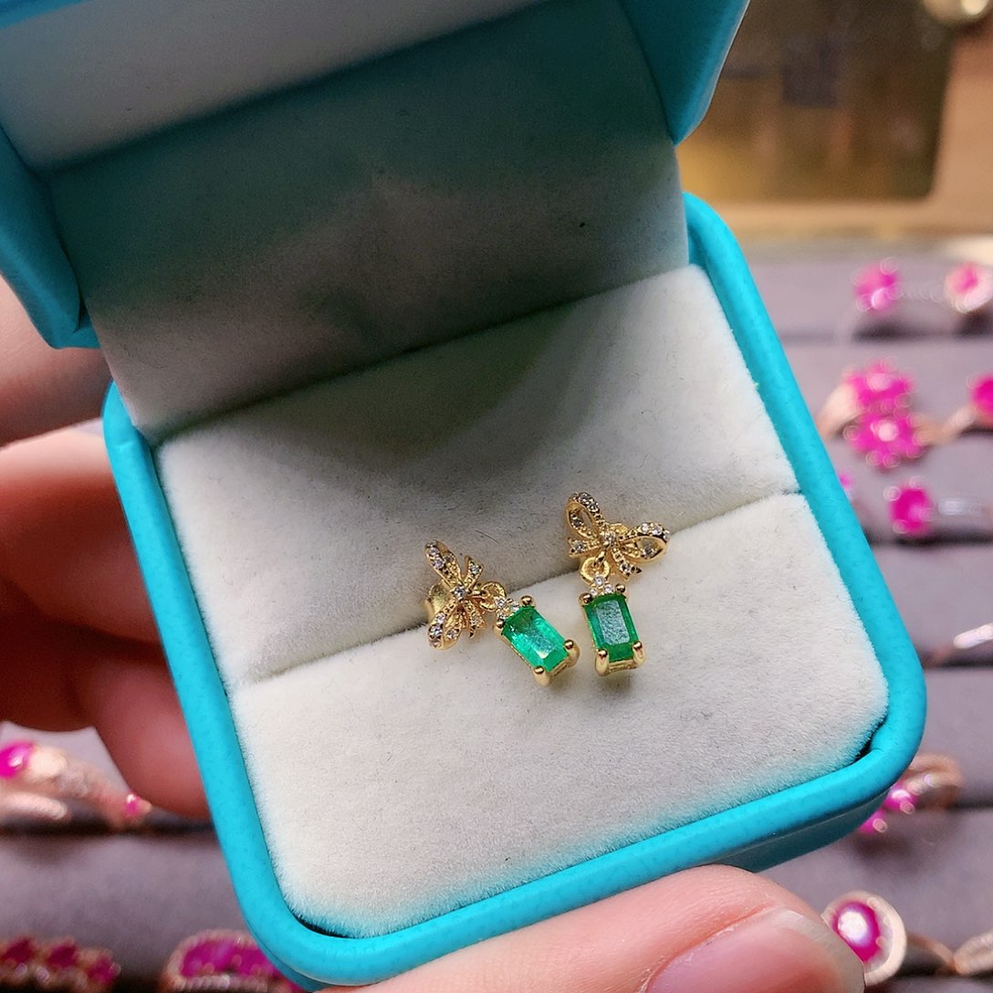 祖母绿耳饰银S925镶嵌