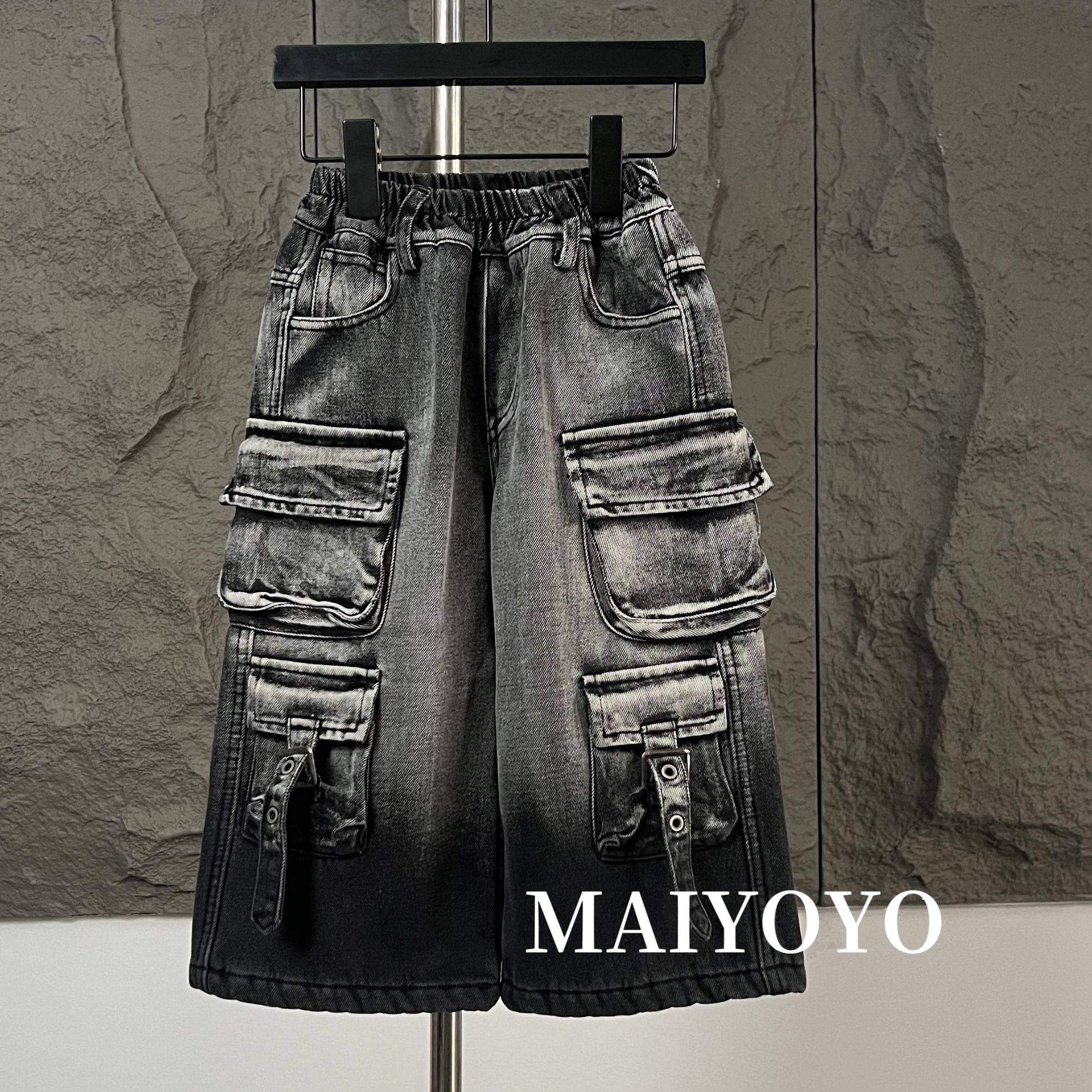 麦哟哟男童冬季加绒牛仔裤潮牌渐变儿童直筒宽松潮流水洗高街