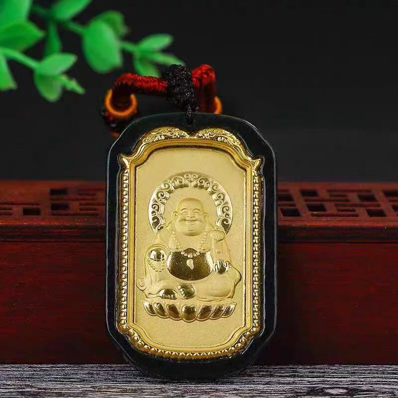 和田金镶嵌墨玉大肚佛吊坠项链平安民族风=T1
