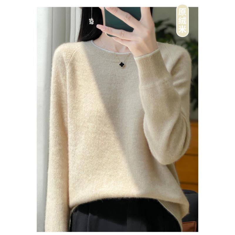 秋季上新100%纯羊毛女士拼色圆领羊毛上衣D326