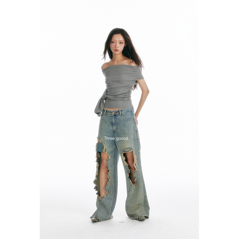 THREE GOOOD/三吉【放价了】格子拼接破洞牛仔裤 DK240038