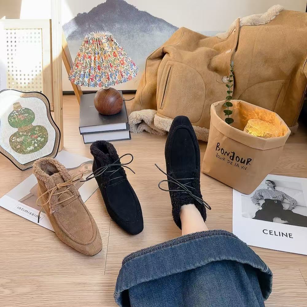 2966新款系带加绒舒适百搭软底方头时装小短靴