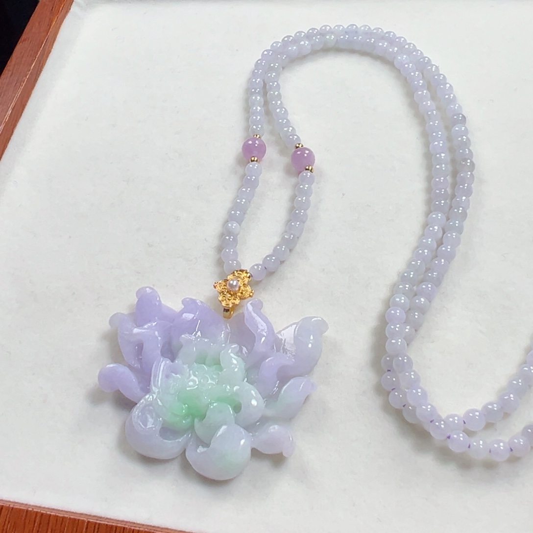 翡翠未镶嵌毛衣链冰春彩莲花