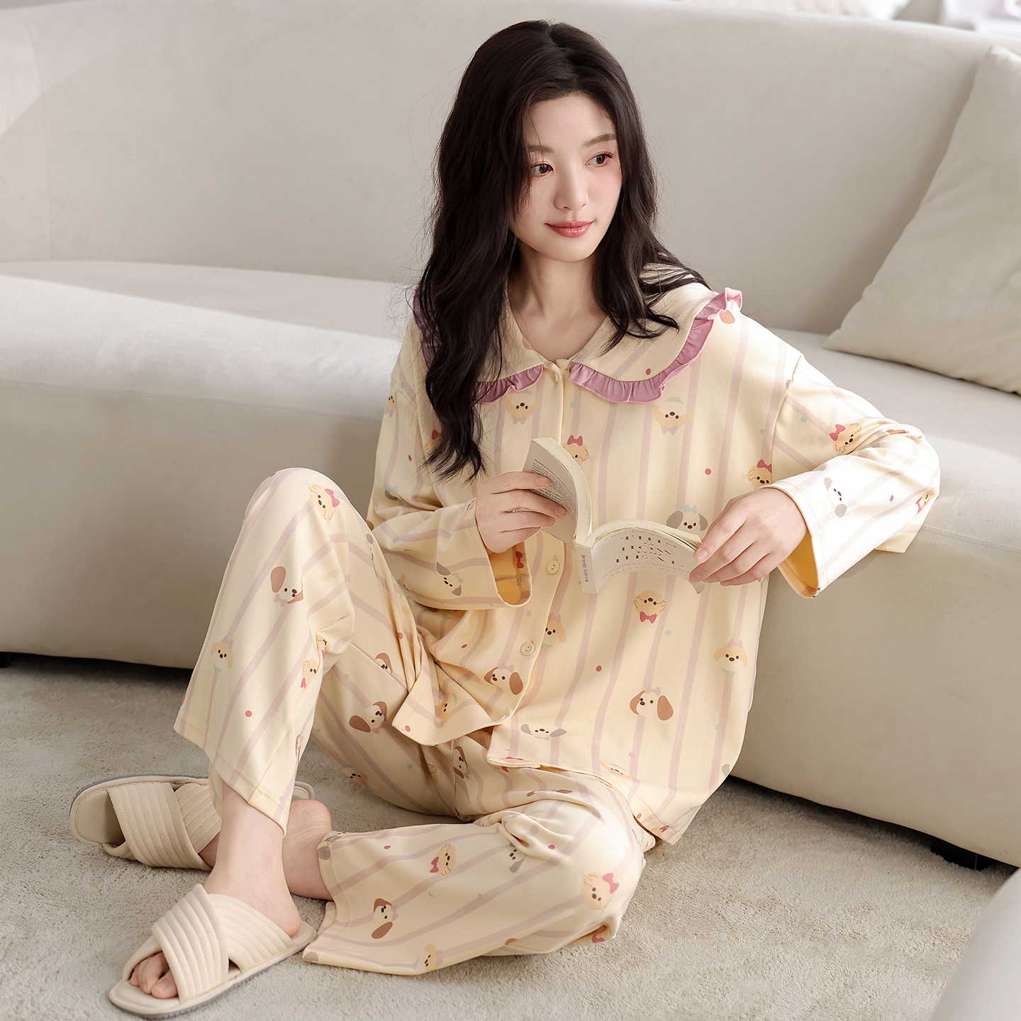 100%纯棉家居服不起球睡衣女士娃娃领秋季对襟长袖长裤韩版女卡通
