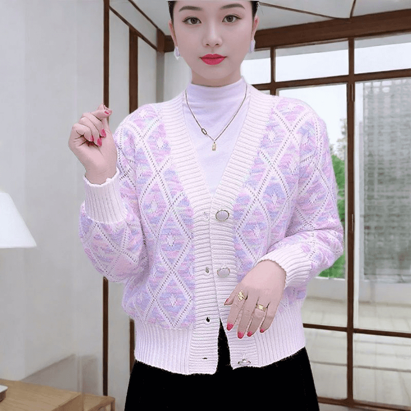 2025春秋复古温柔减龄宽松外穿开衫菱形毛衣菱格短款针织衫女外套