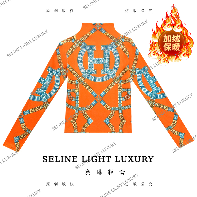 【25Q-765】太 2025 SELINE 新款橙色大H字母印花气质高领加绒长袖