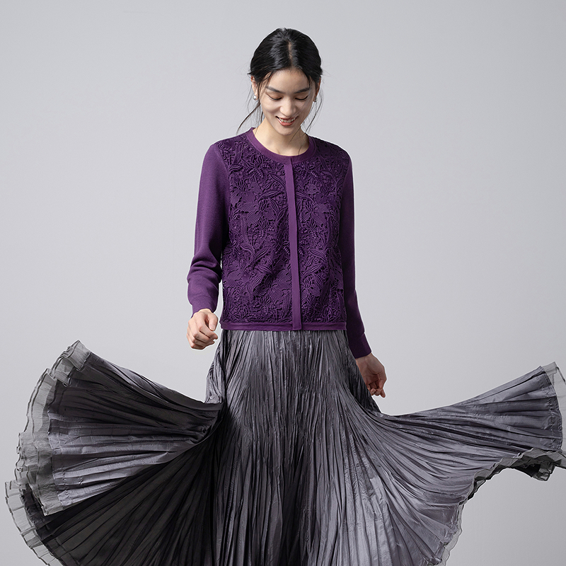 生活在左2026春立体绣花毛织外套镂空复古优雅长袖上衣T1961308