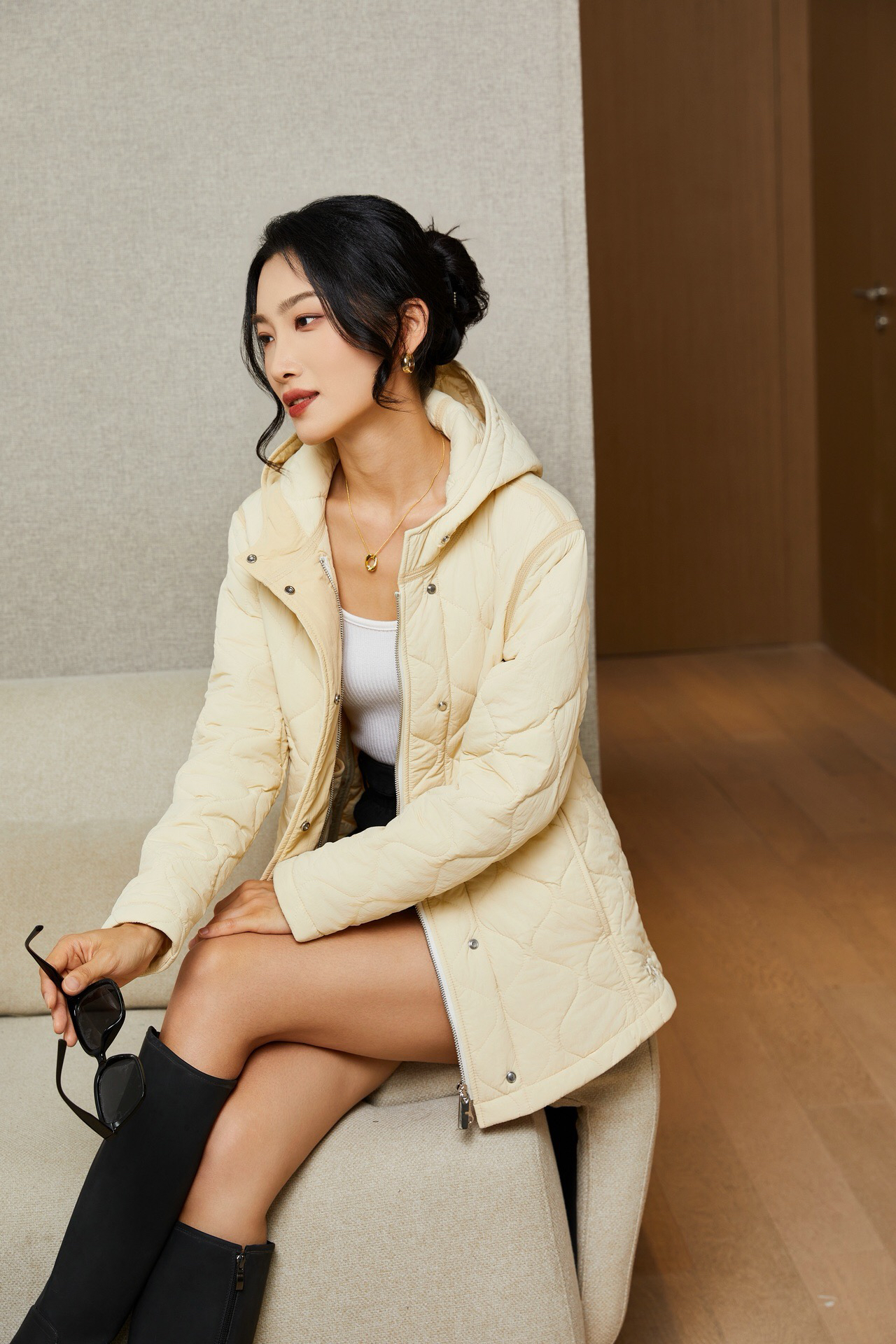 可拆卸连帽宽松中长款收腰丝毛混纺棉服秋款