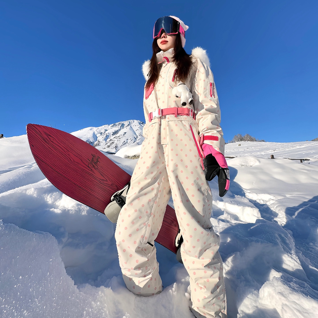Molocoster西猿 粉色波点单双板甜美套装防水保暖宽松连体滑雪服
