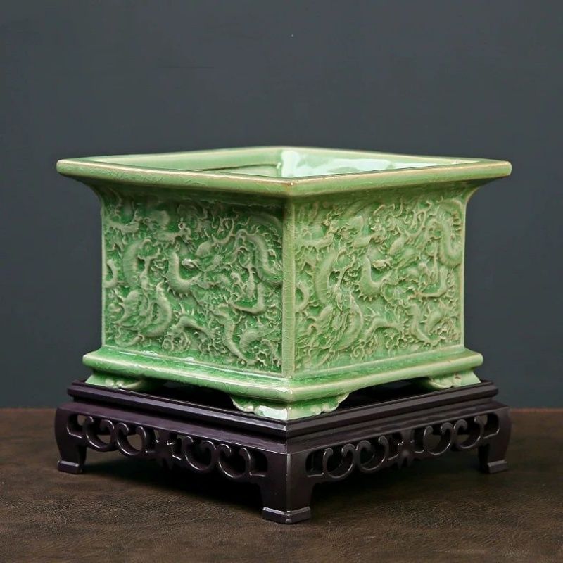 创意中式四方造景陶瓷花盆高角盆哥窑家用多肉绿植蝴蝶兰兰花专用