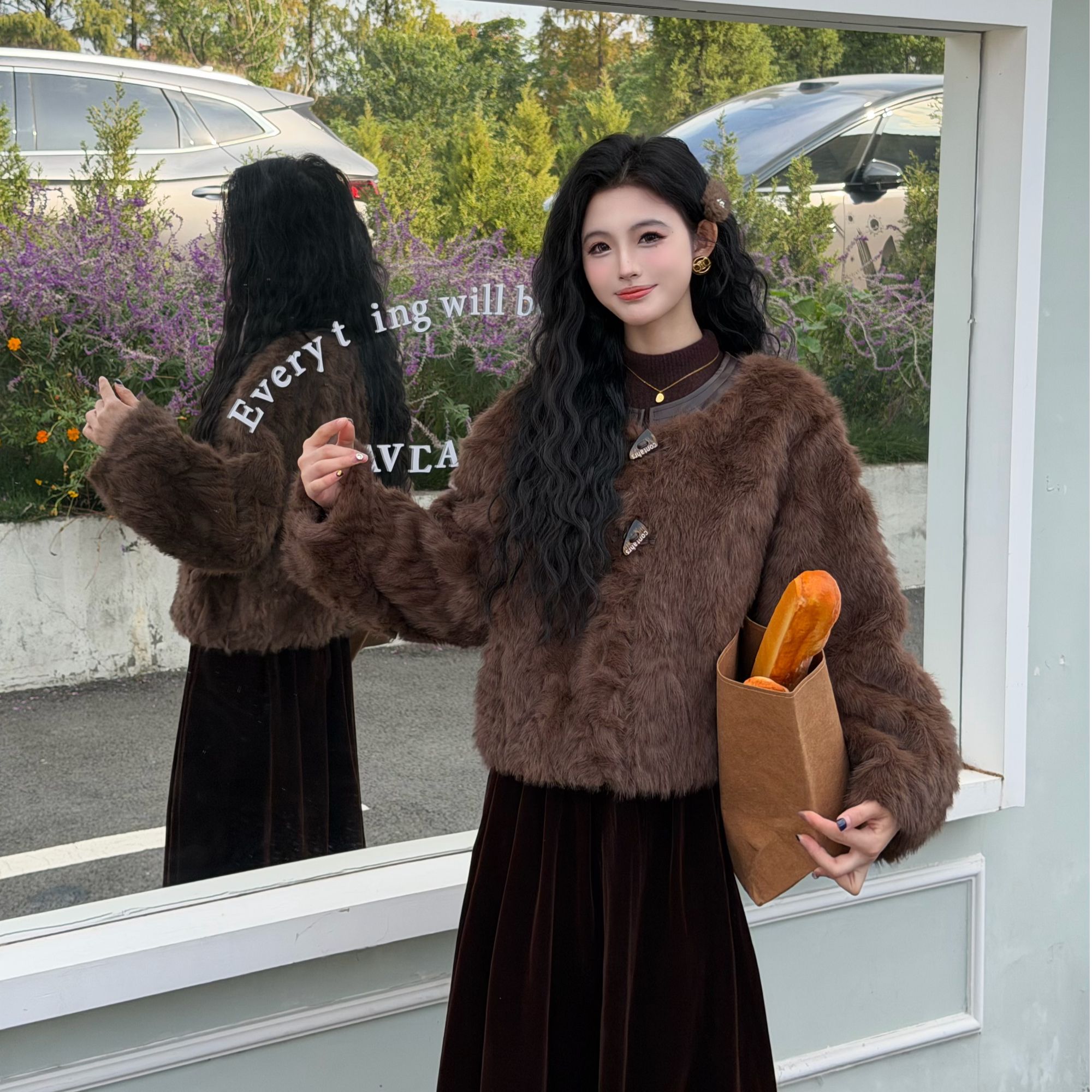 拉夏贝尔25秋冬新款轻奢气质加厚保暖外套+打底 00256 SDJ