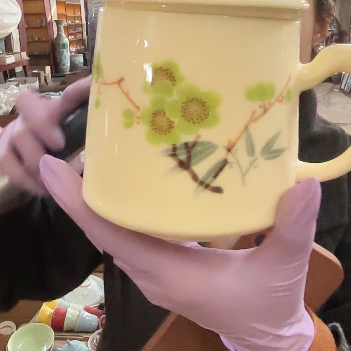 摆件陶景德镇高温陶瓷翠竹绿梅办公杯
