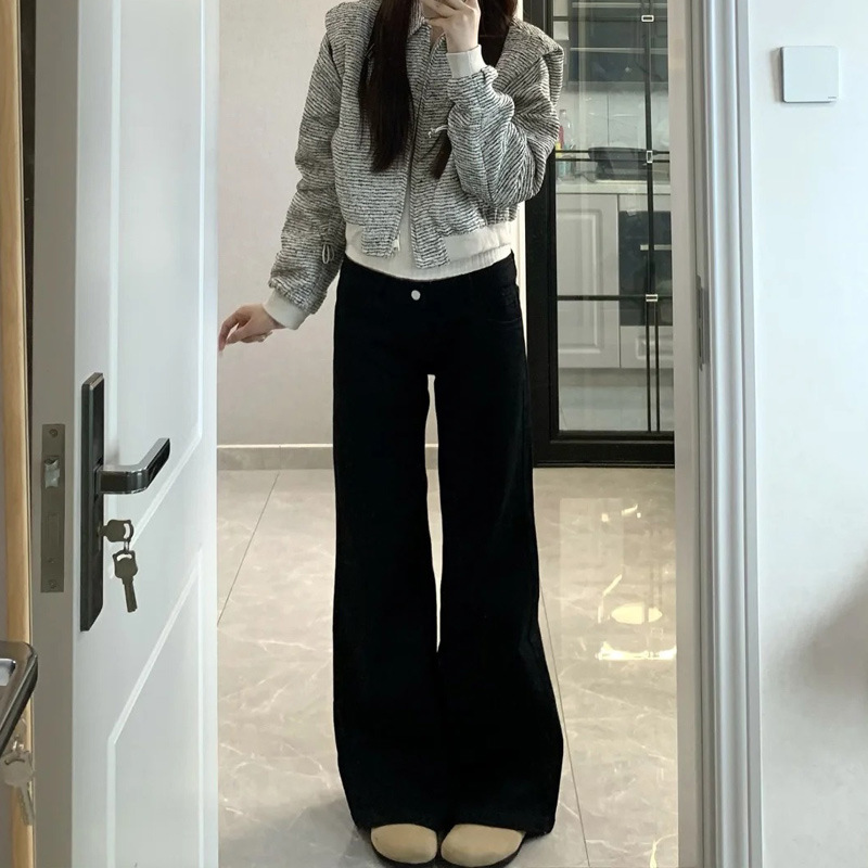 大码黑色不贴腿微喇牛仔裤女冬季加绒胖mm弹力显瘦阔腿裤马蹄裤子