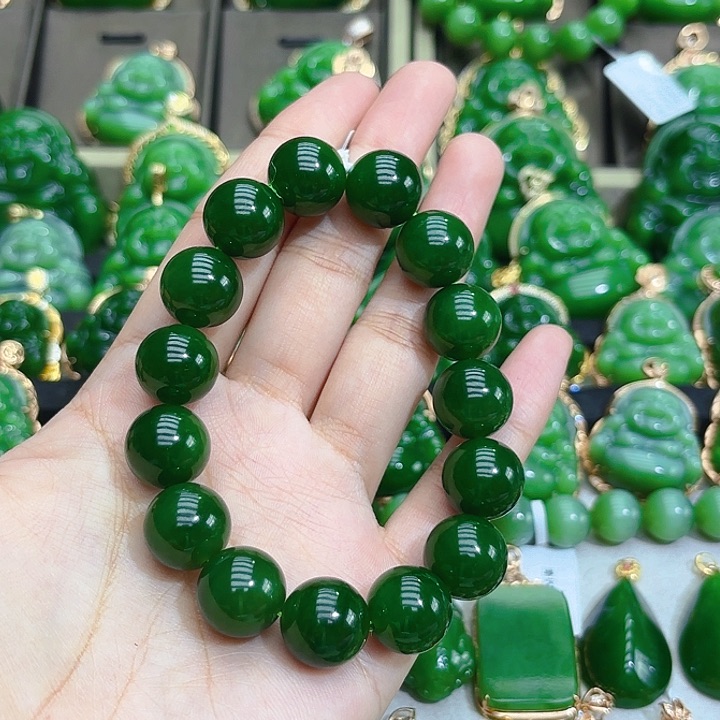 和田玉（碧玉）手串未镶嵌14m菠菜绿单圈