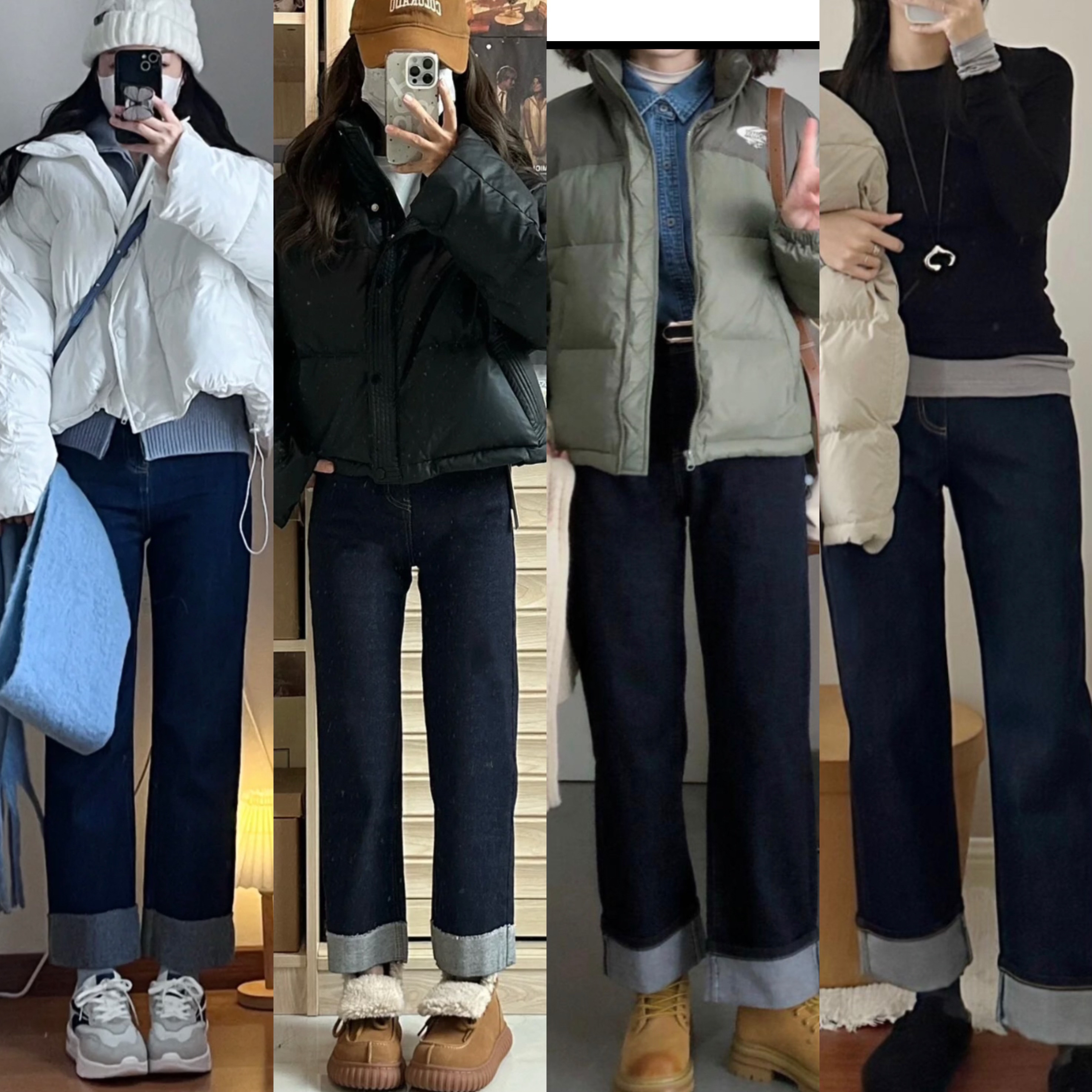 Sp～「蛋卷裤」冬季磨绒经典高弹力直筒卷边牛仔裤