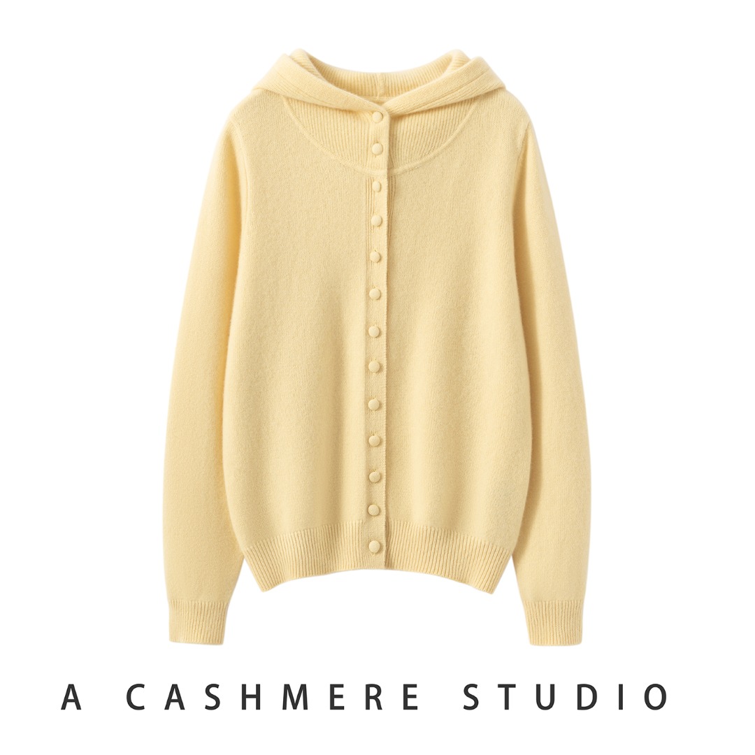 100%纯山羊绒连帽女毛针织衫春秋轻薄针织开衫上衣纯色休闲毛衣衫