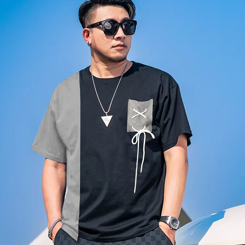  新款短袖t恤加肥加大码T恤肥佬休闲宽松拼接撞色圆领体恤11XL