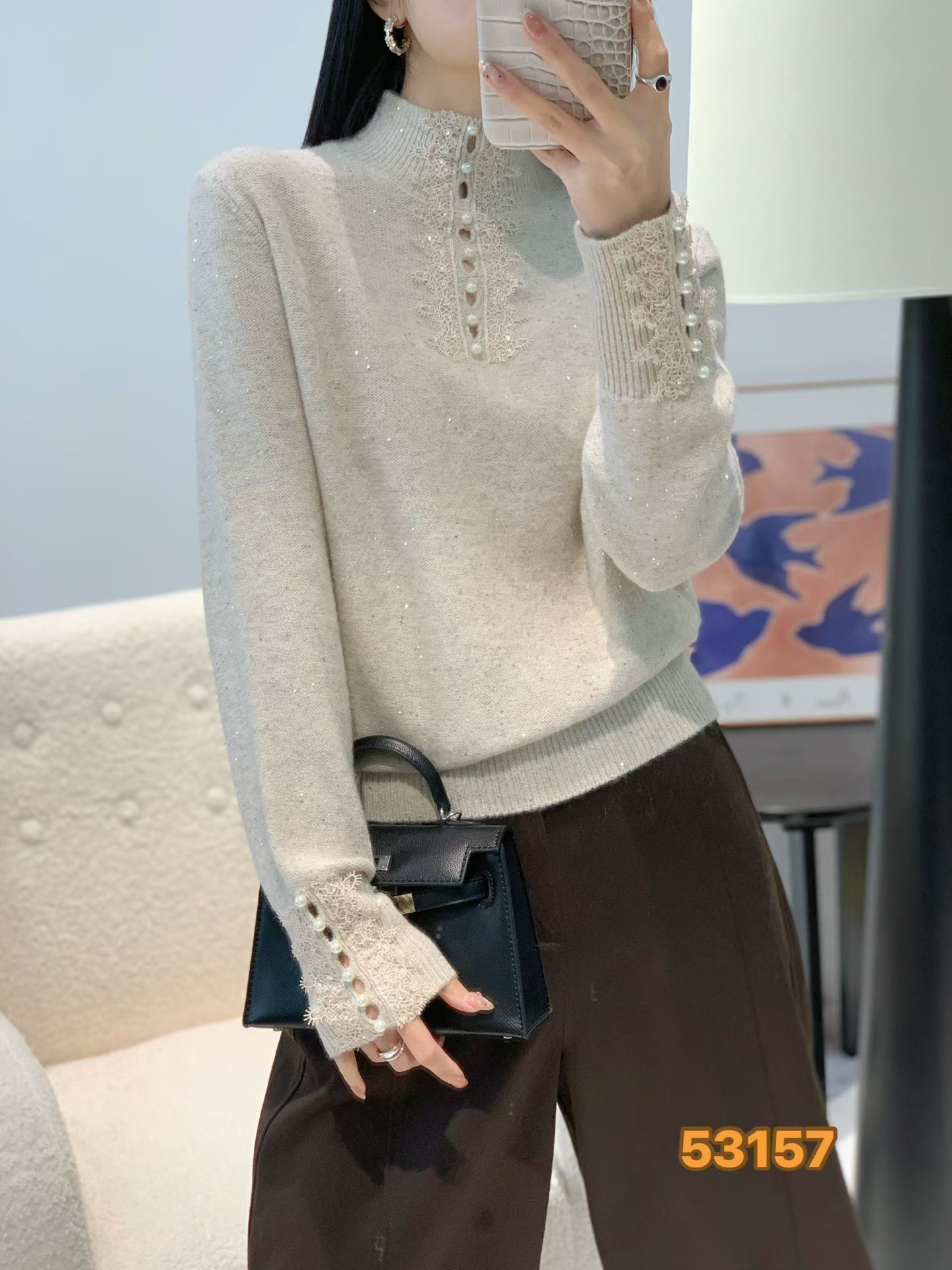 2025时尚蕾丝钉珠细闪针织衫