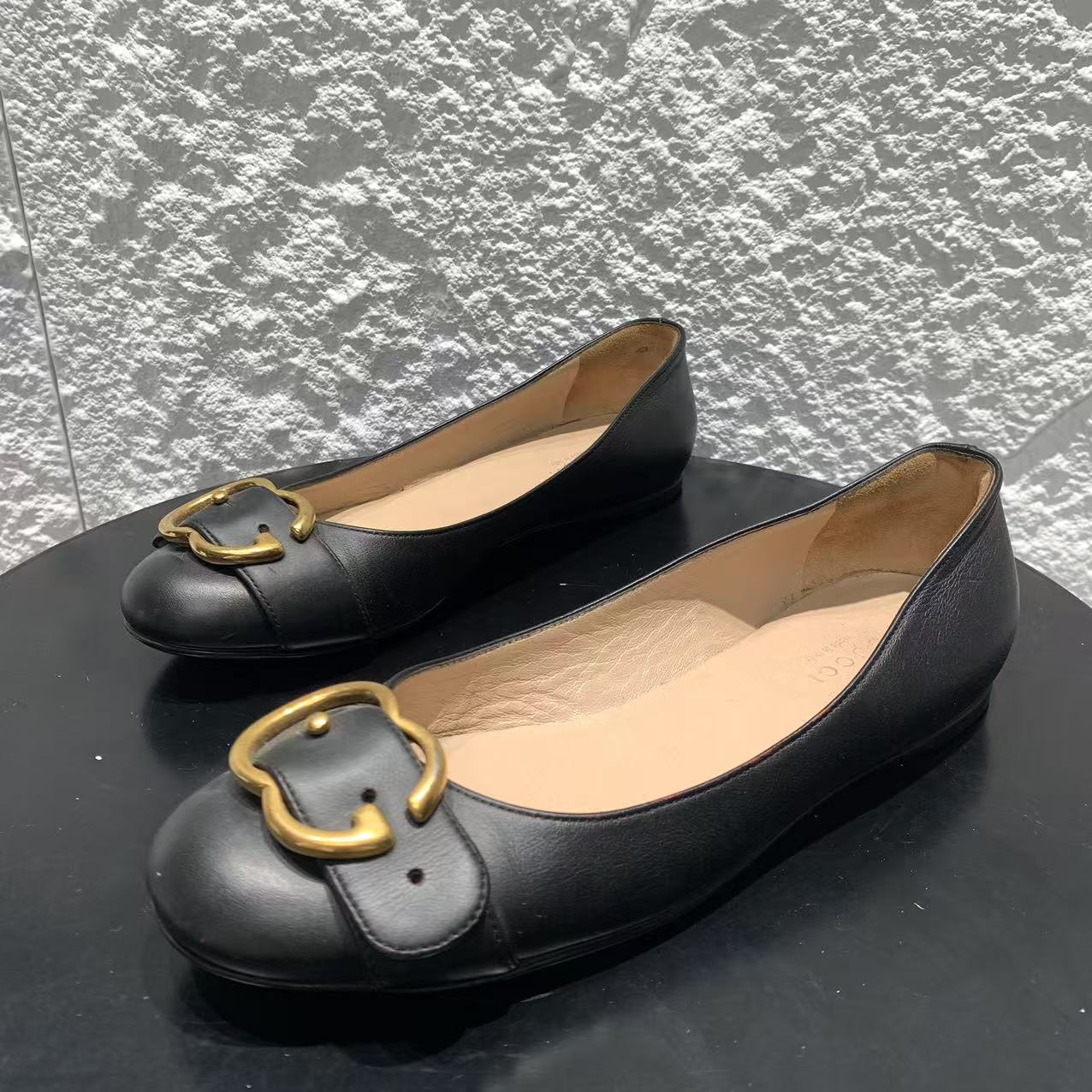 95新 GUCCI/古驰 36码/Seven女鞋/双G扣黑色圆头舒适平底单鞋 912