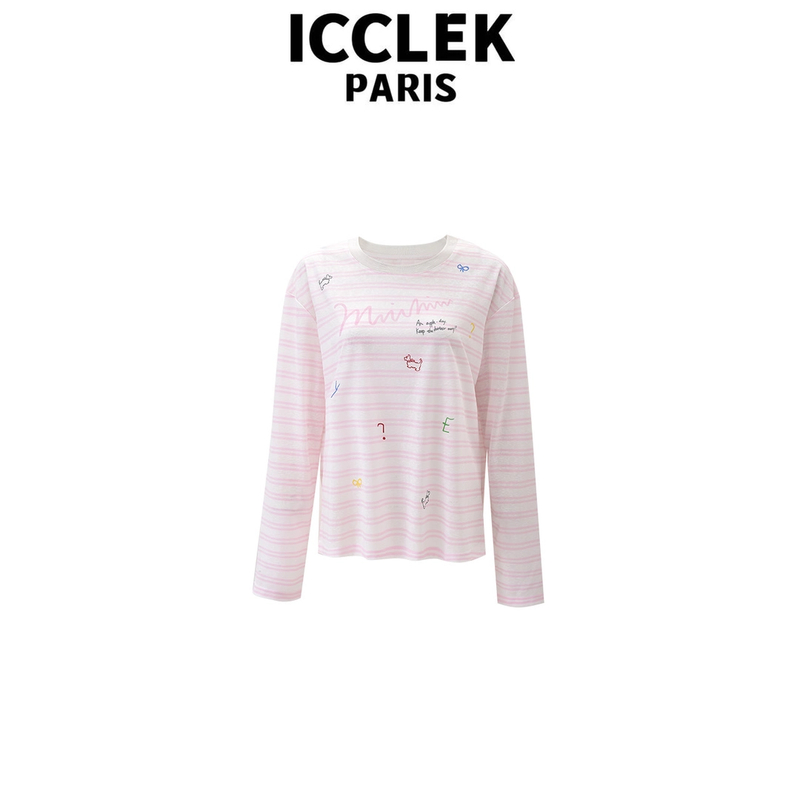 ICCLEK 粉色条纹印花长袖T恤薄款早春秋夏慵懒休闲宽松-6204