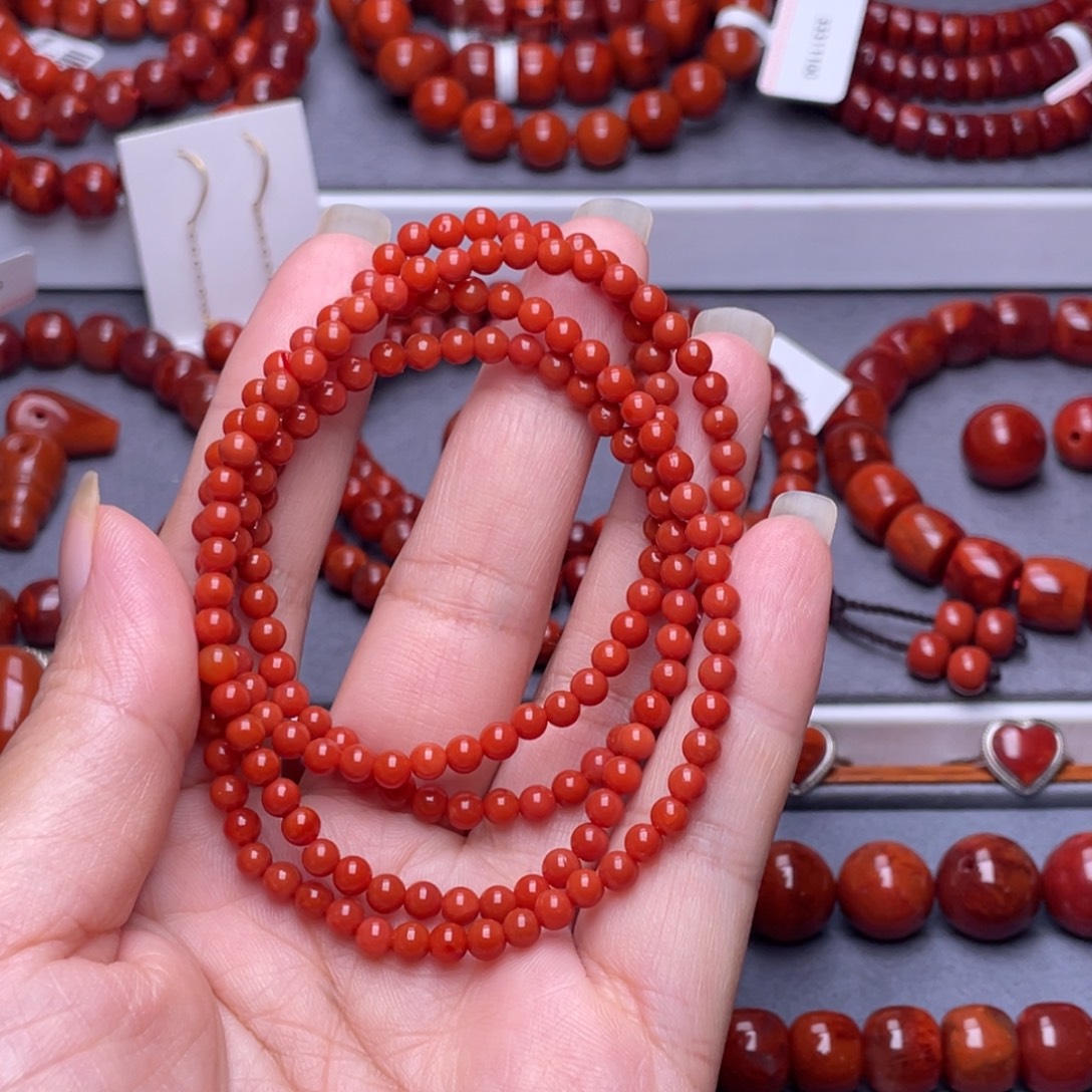 南红玛瑙未镶嵌配珠4.1mm瓦西柿子红满肉圆珠多圈手串