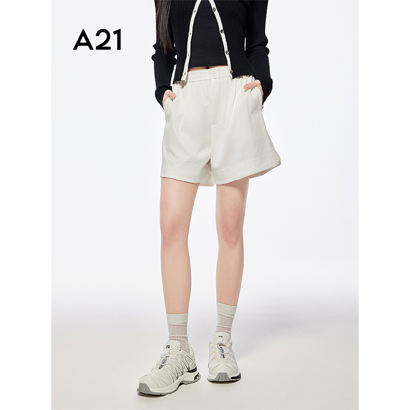 A21女装米白橡筋腰阔腿休闲直筒裤F45220475