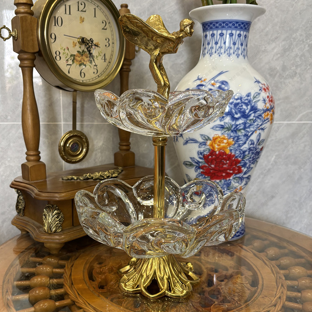 全铜小金人女神双层法式白水晶玻璃黄铜水果盘托盘