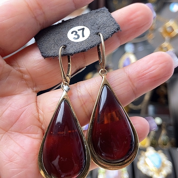 琥珀耳饰银S925镶嵌耳环