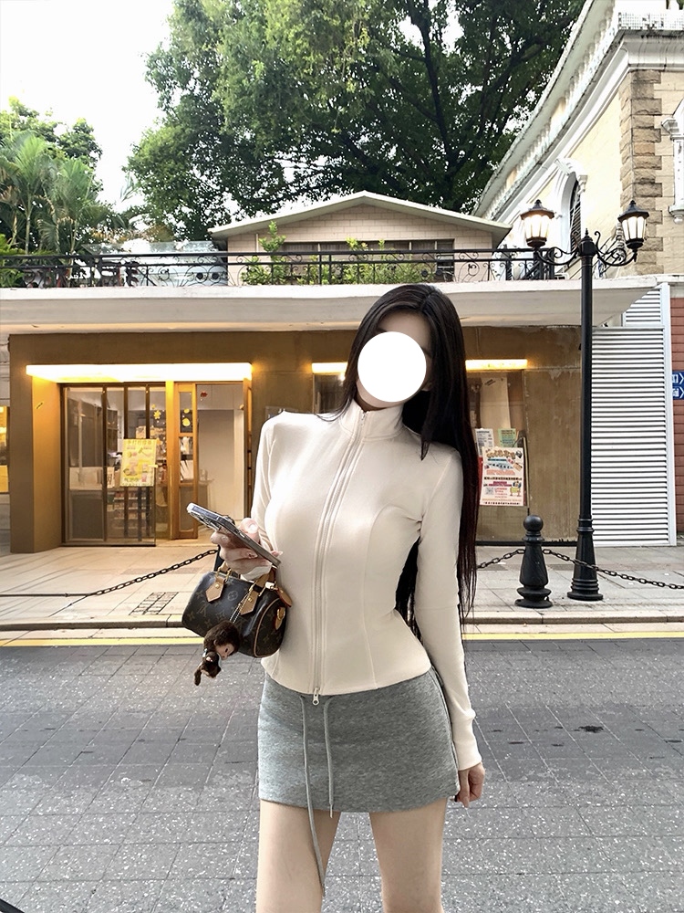 美式双拉链石墨烯磨毛加绒上衣立领修身百搭显瘦开衫外套L1189