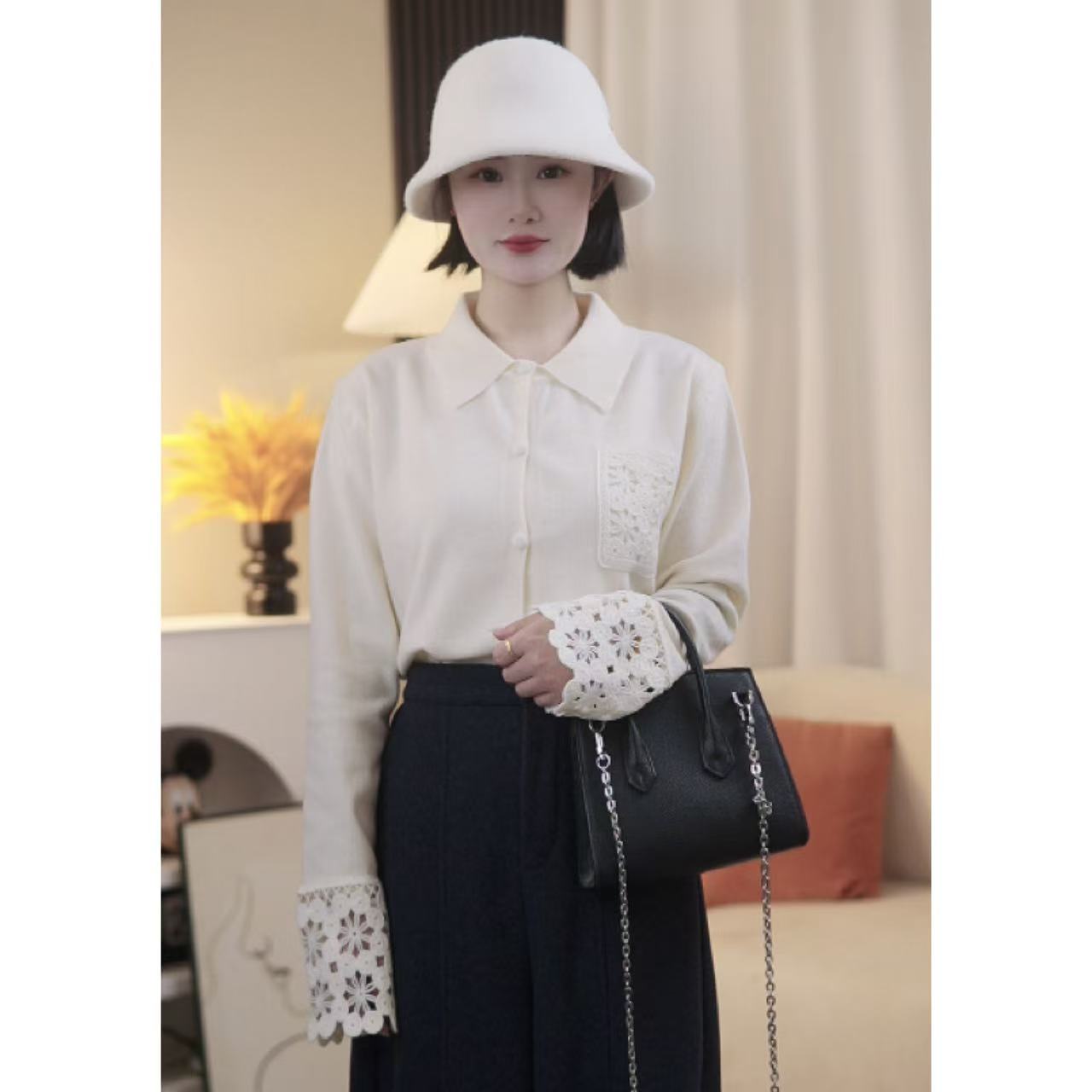 【今•禧】羊毛蕾丝袖毛衣减龄气质感钩花针织衬衫