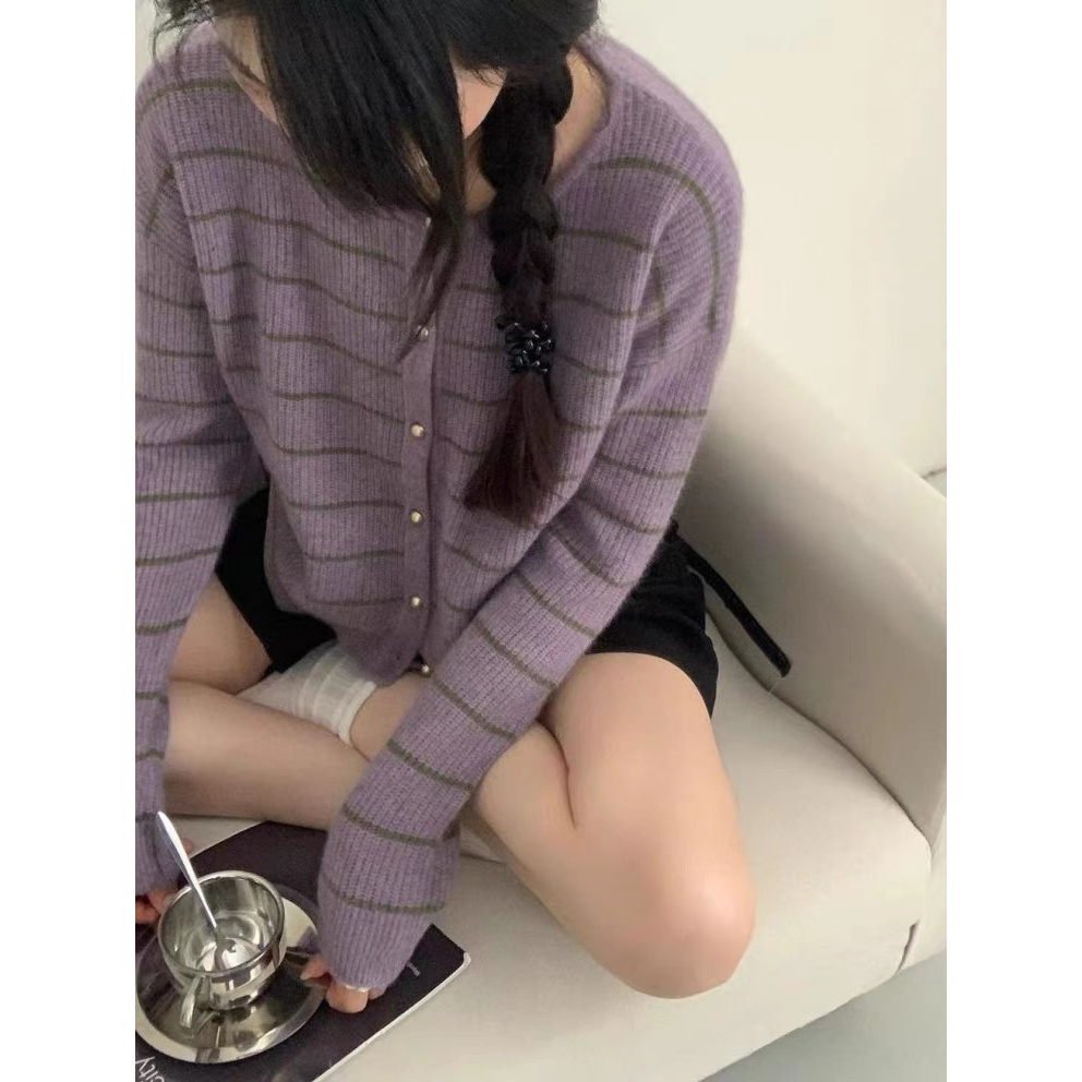 /紫色金豆开衫/春季新款条纹简约针织开衫通用毛衣小外套93013