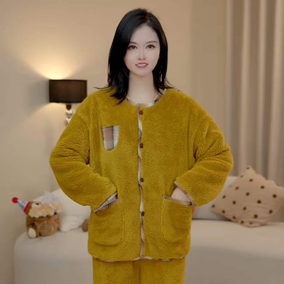 2025新款冬季双口袋窄保暖花边宽松毛绒家居服·格纹包边CHF